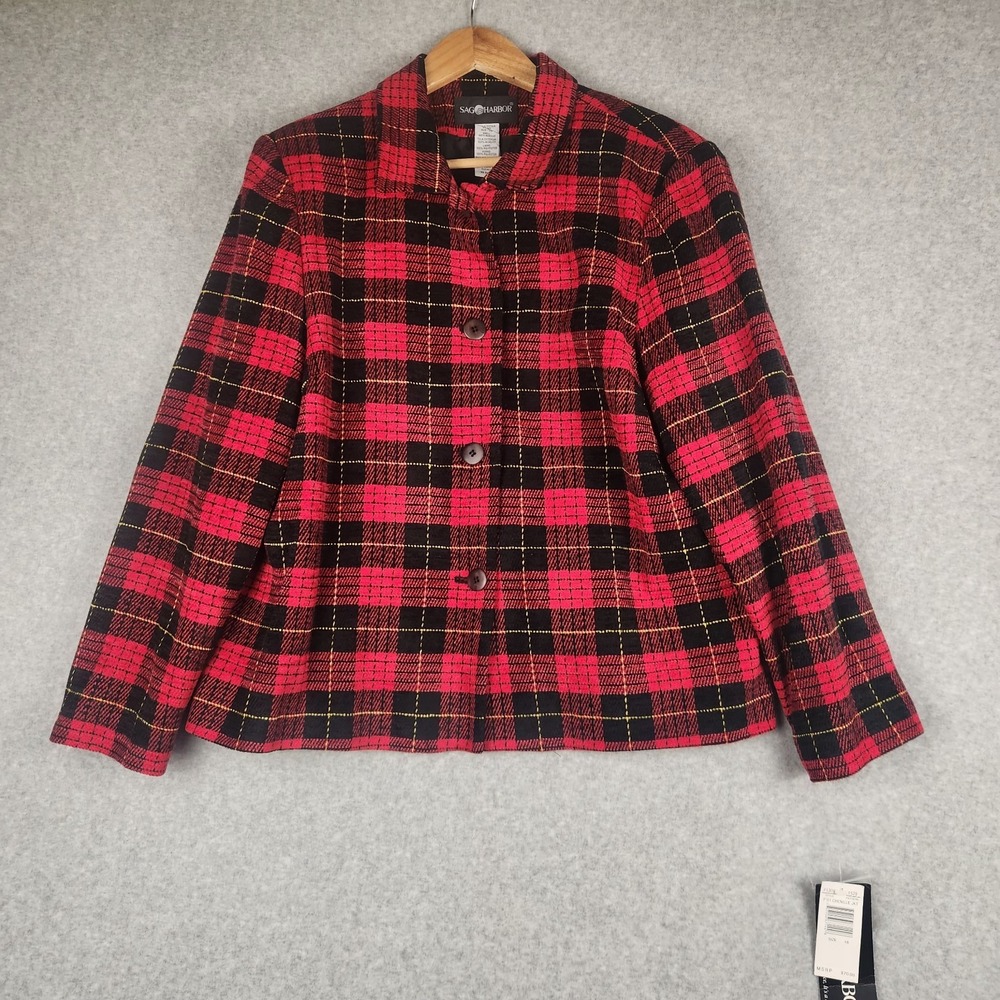 Vtg Sag Harbor Coat Womens Size 18 Red Black Plaid Tartan Button Front Jacket
